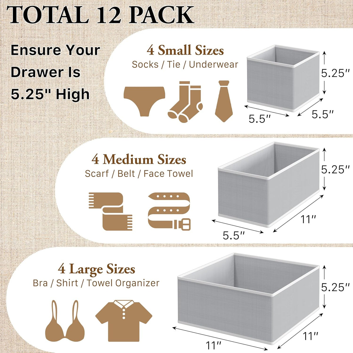 Simple Houseware Foldable Drawer Organizer for Clothes/Underwear/Panty/Onesie Stocking Bin, Set of 12, Gray