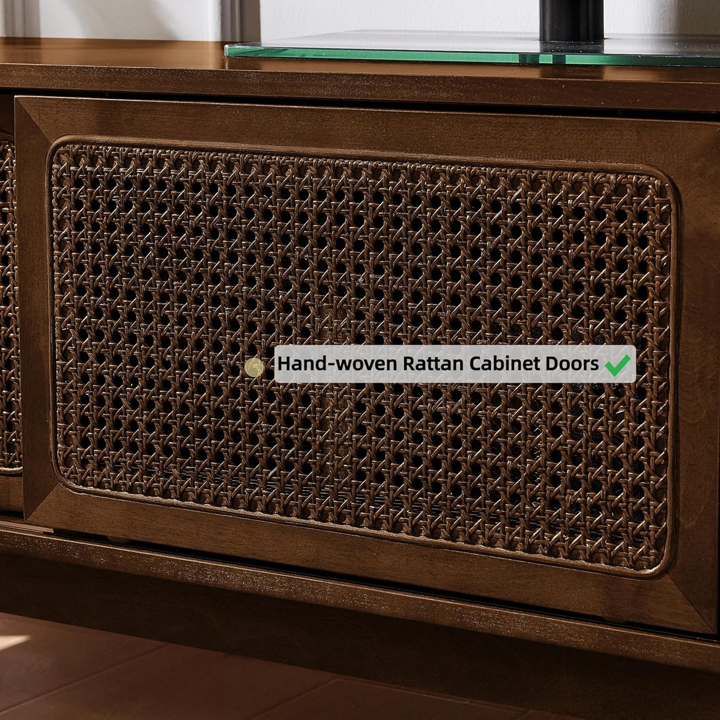 LKTART 59" Rattan Mid Century TV Stand,Entertainment Center,Media Console | Real Wood Veneer Mid Century Modern TV Stand for Living Room,Rattan Media Console Cabinet with Solid Wood Legs,Dark Walnut