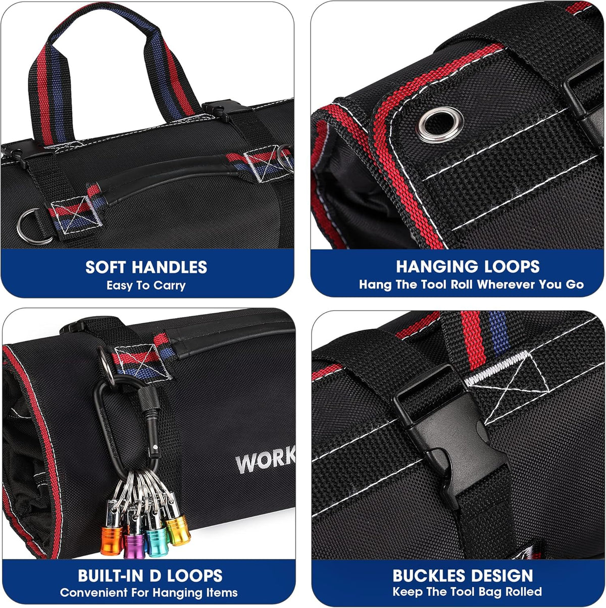 WORKPRO Roll Up Tool Bag, Tool Roll Up Bag with Detachable Tool Pouches, Heavy Duty Tool Bag Organizer with 6 Pockets, Tool Organizer for Mechanic, Electrician, Plumber and Carpenter
