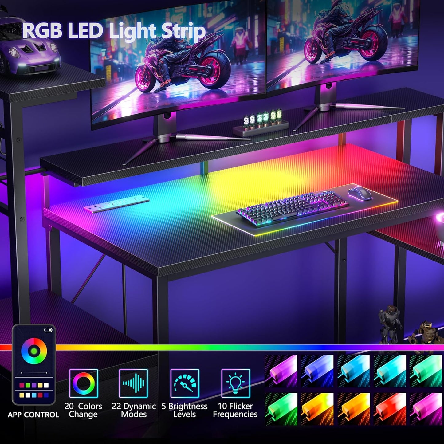 Korfile 48 Inch Gaming Desk with LED Lights & Power Outlets,Computer Desk with Fabric Drawers & Side Hook,Reversible Gamer Table with Monitor Stand for Game Room,Home Office,Carbon Fiber Black