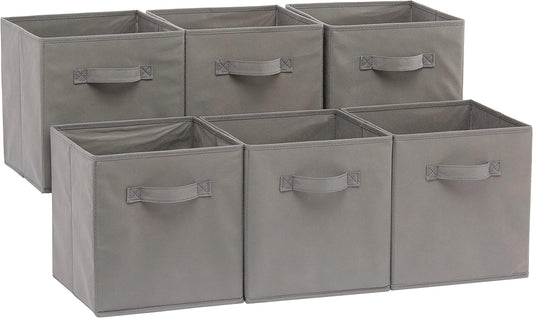 Amazon Basics Collapsible Fabric Storage Cubes Organizer with Handles, Sturdy, Foldable, Space-Saving, 10.5"x10.5"x11", Gray, 6-Pack