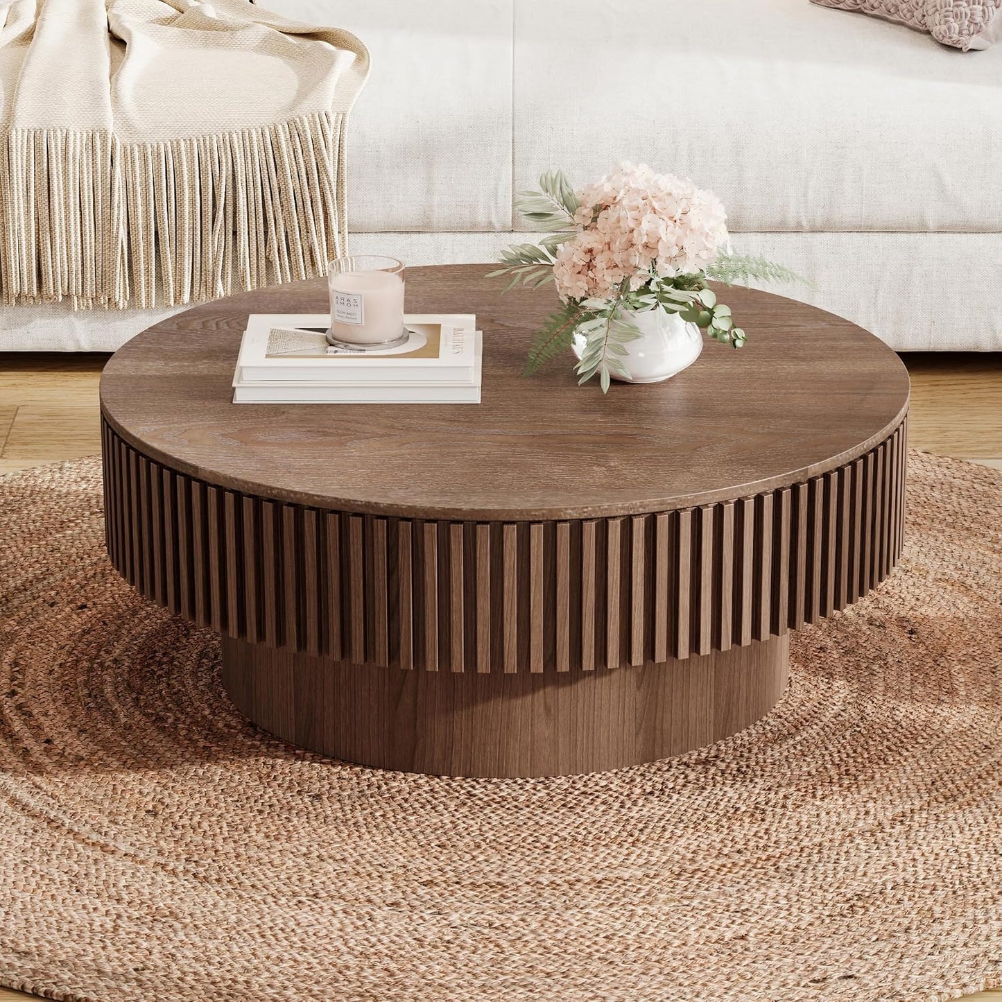 31.5" Round Coffee Table with Hidden Storage Compartment, Modern Handcraft Fluted Drum Coffee Table, Wooden Circle Center Table Cocktail Tea Table with Sturdy Pedestal for Living Room, Walnut