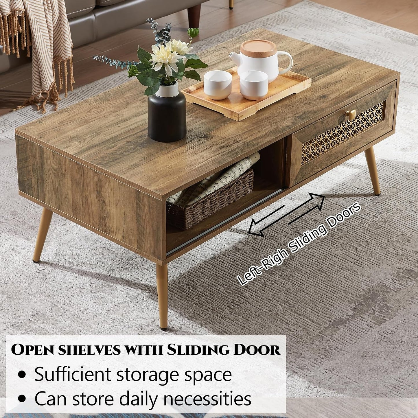 Mid Century Modern Wood Coffee Table, Retangle Coffee Table with Sliding Door for Living Room, Rustic Oak