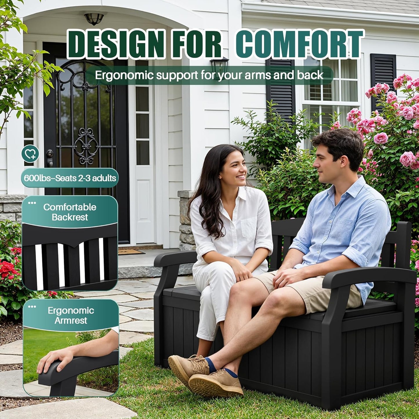 Devoko 80 Gallon Storage Bench Deck Box Lockable for Patio Furniture, Garden Decor and Outdoor Seating for Cushions, Garden Tools and Pool Supplies (Black)