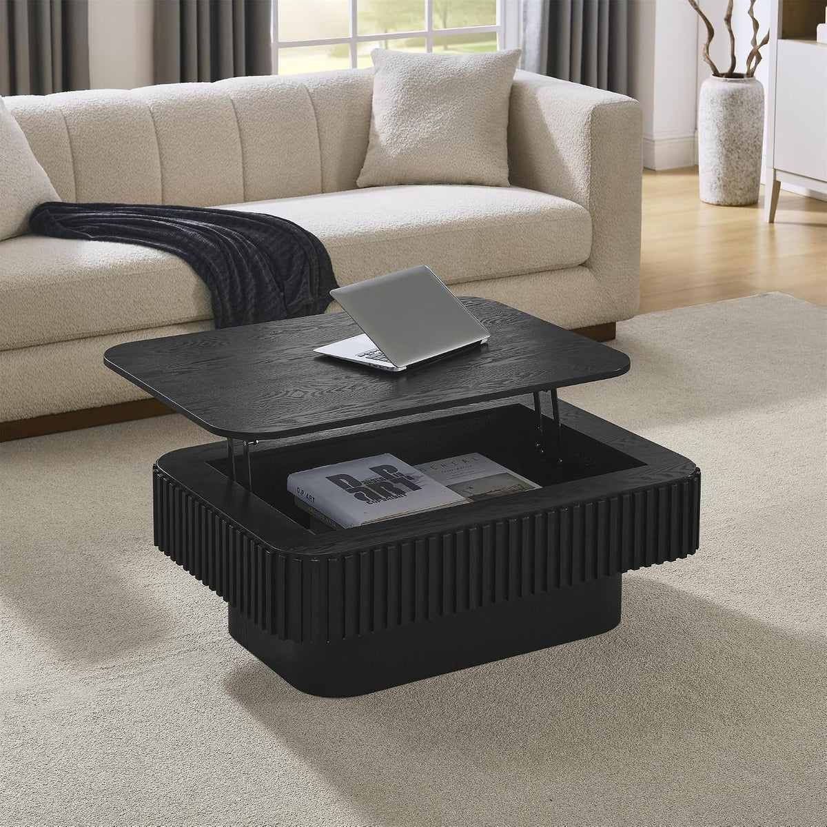 Lift Top Coffee Table for Living Room,Rectangle Handmade Solid Wood Strips, Fluted Coffee Table with Hidden Storage Compartment for Small Space Office Apartment (38.6"L×26.8''W×13.8''H-Black)