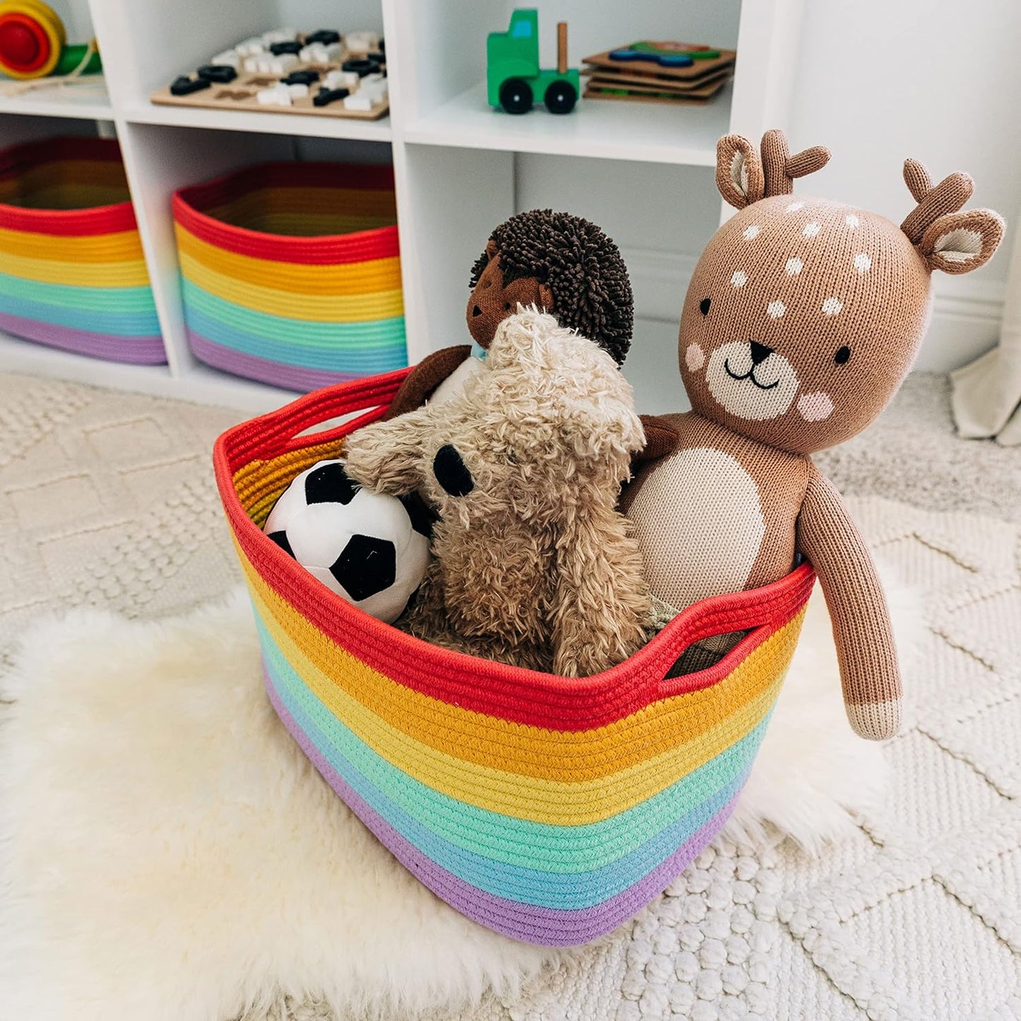 OrganiHaus Rainbow Baskets for Shelves, Set of 3, 15x9x10 | Colorful, handwoven cotton rope; a toy bin for playroom, classroom, or girls' room decor; great for nursery too