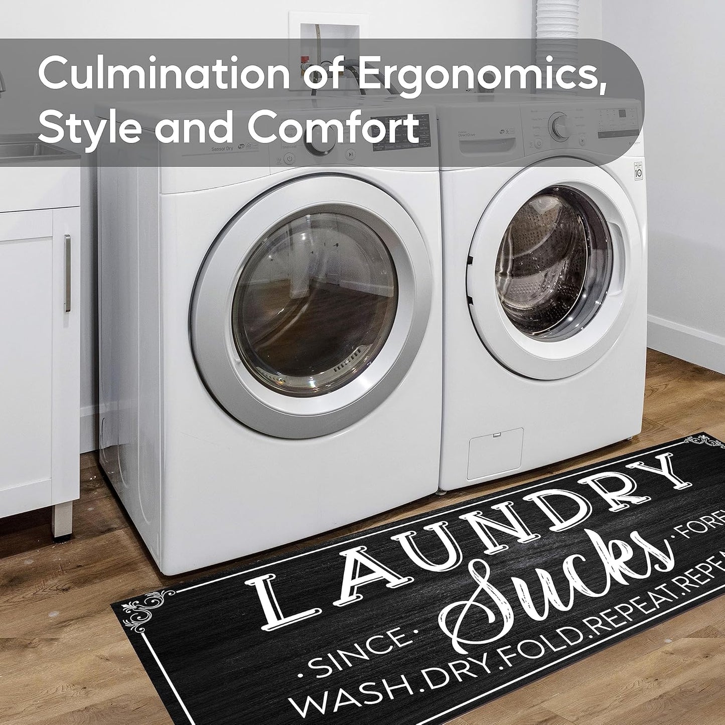 Tapeera Farmhouse Laundry Mat - 20" x 59" Non-Slip Rubber Backed Rug for Bathroom & Laundry Room Decor (Black)