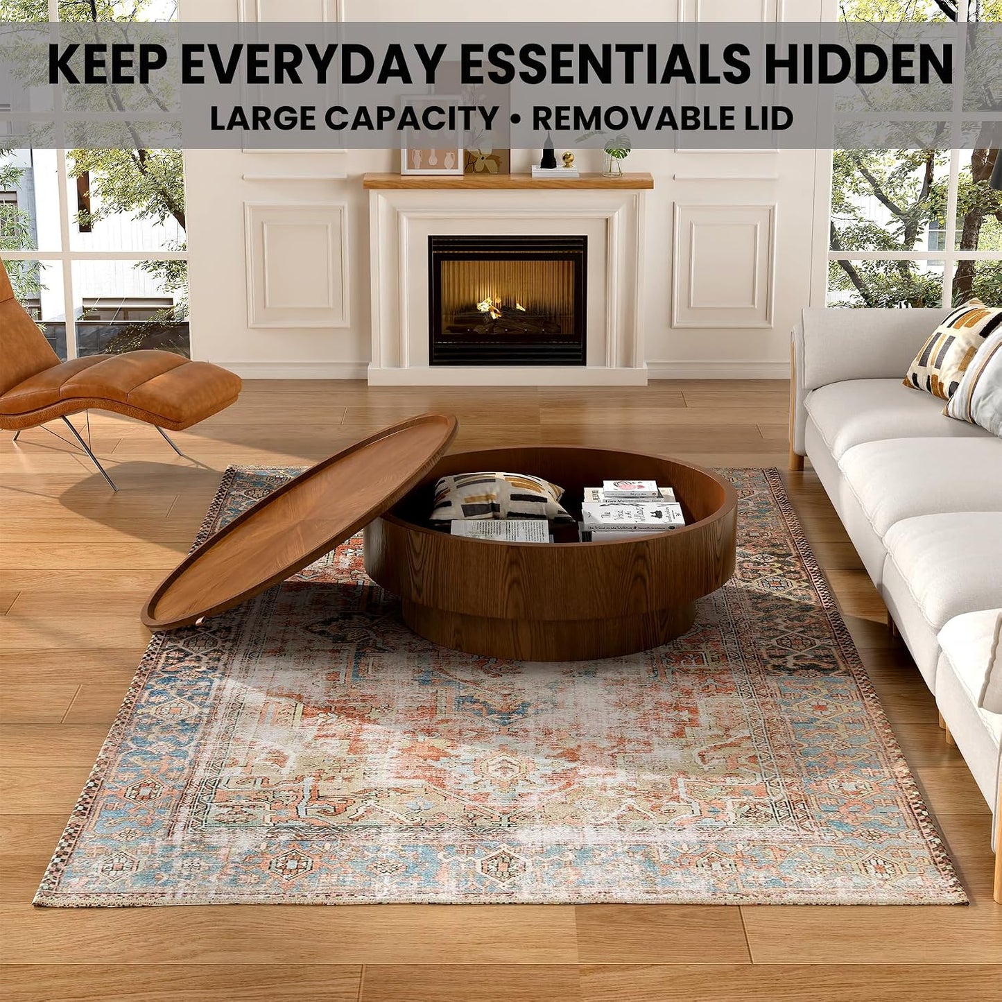 30.7" Round Coffee Table with Storage, Drum Center Table for Small Spaces | Large Hidden Storage Compartment With Removable Lid Keeps Living Room Organized