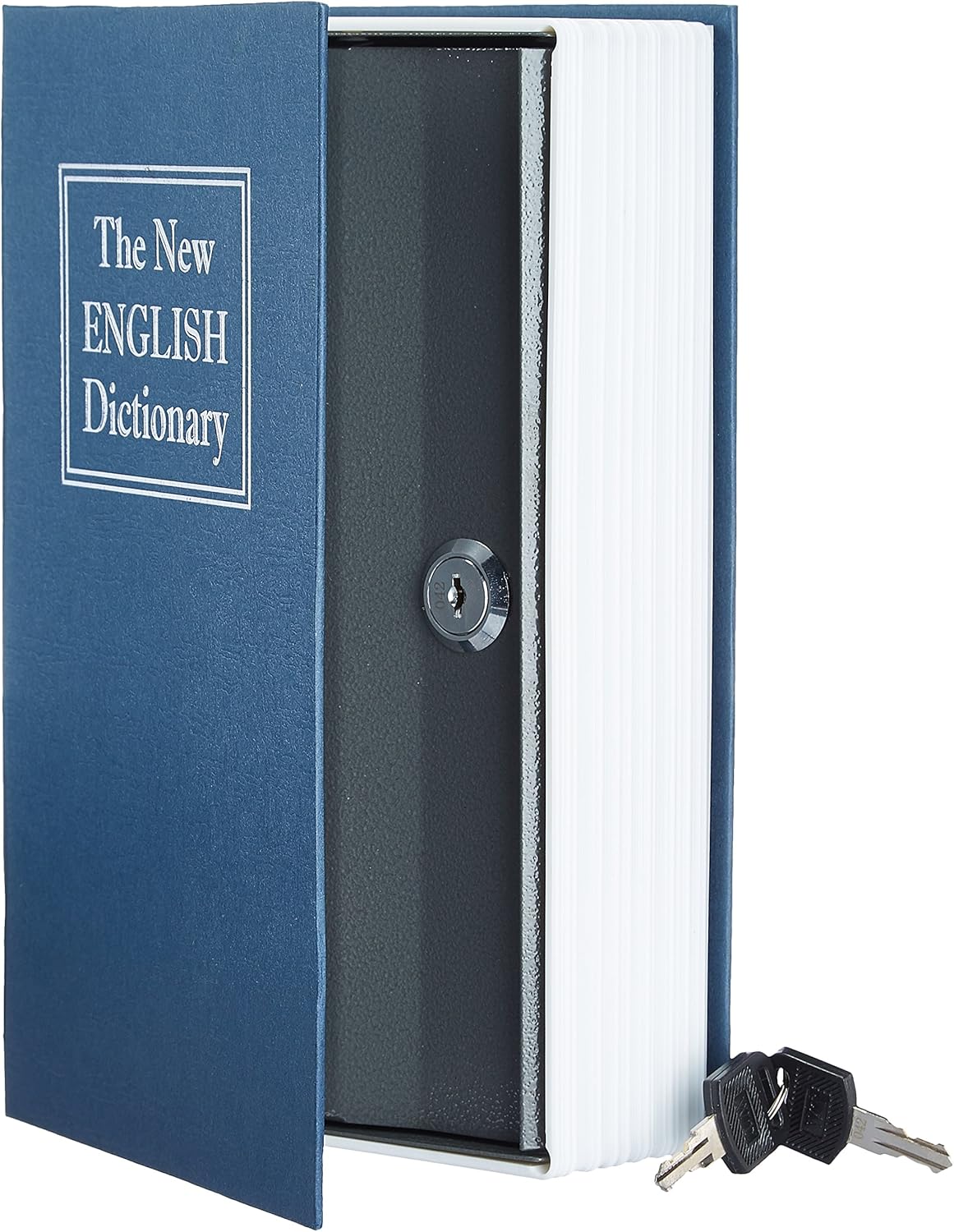 Amazon Basics Portable Diversion Book Safe, Secret Hidden Lock Box with Key Lock for Valuables, Hidden Storage Compartment Disguised as a Book, Large, Blue