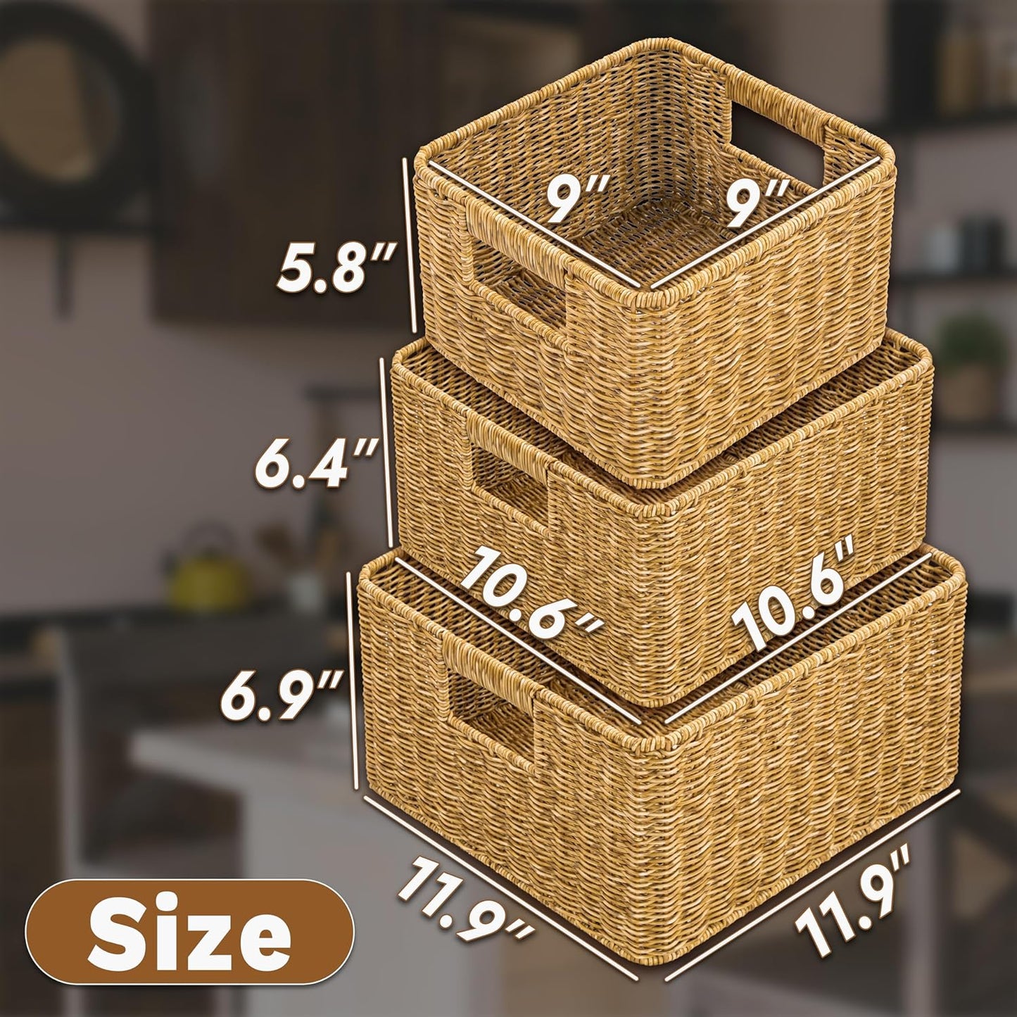 myHomeBody Wicker Storage Basket, Storage Cubes, Resin Wicker, Tan | Set of 3, Woven Baskets for Organizing, Wicker Baskets for Shelf, Large Cube Storage Organizer