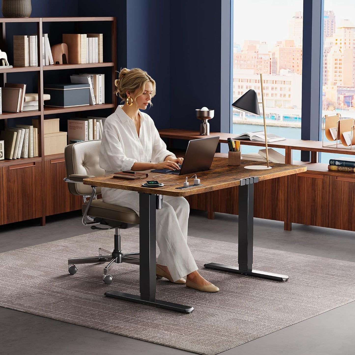 Huuger Electric Standing Desk with Power Outlets and USB-C Port, 47 X 24 Inch Height Adjustable Desk, Sit Stand Desk for Home Office, Computer & Gaming Desk with 4 Presets, Rustic Brown