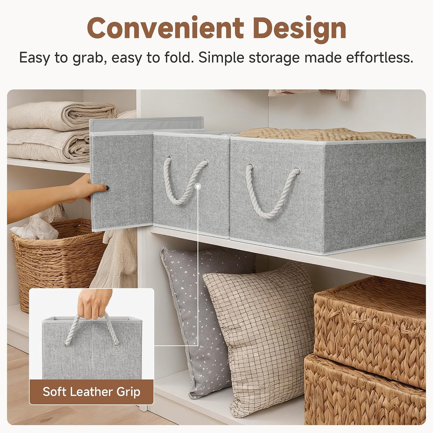 StorageWorks Storage Bins with Rope Handles, Gray, Extra Large, 3-Pack | Fabric Storage Bins for Shelves, Storage Baskets for Closet Organization, Organizer Bins for Clothes Storage