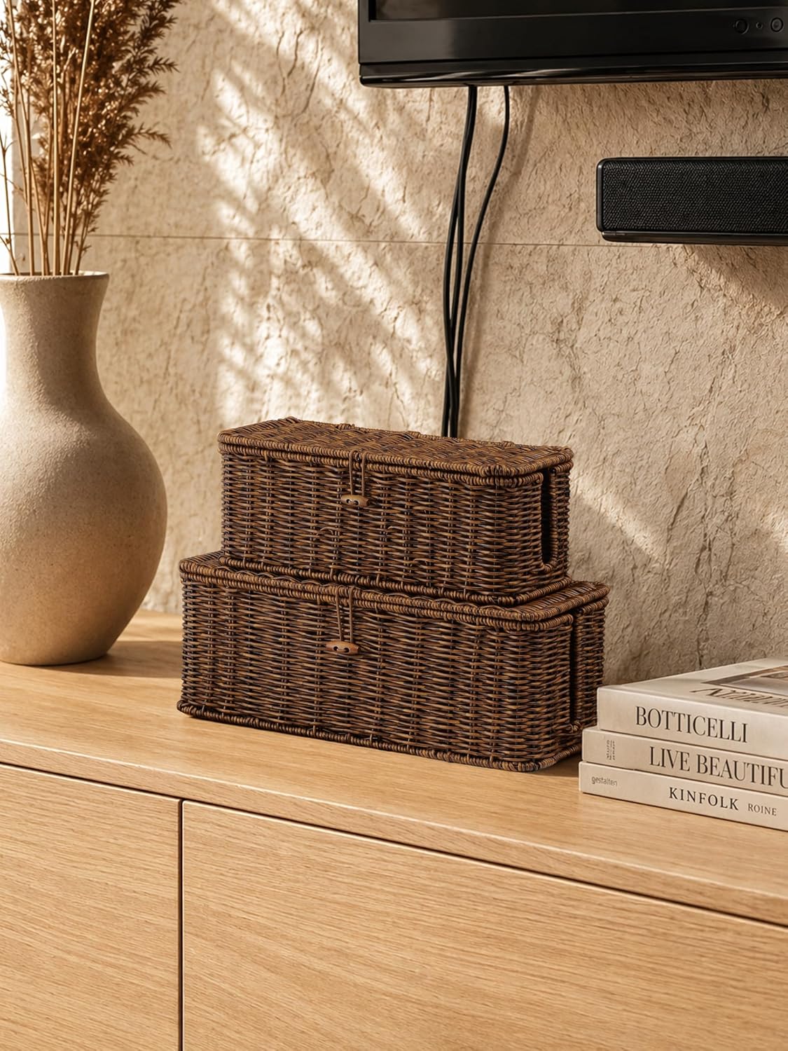 Cable Management Box, Cord Organizer with Lid & Cable Ties - Brown Set | Handmade Open Slots Cord Hider Outlet Covers for Power Strip TV PC Router Charger Under Desk Storage