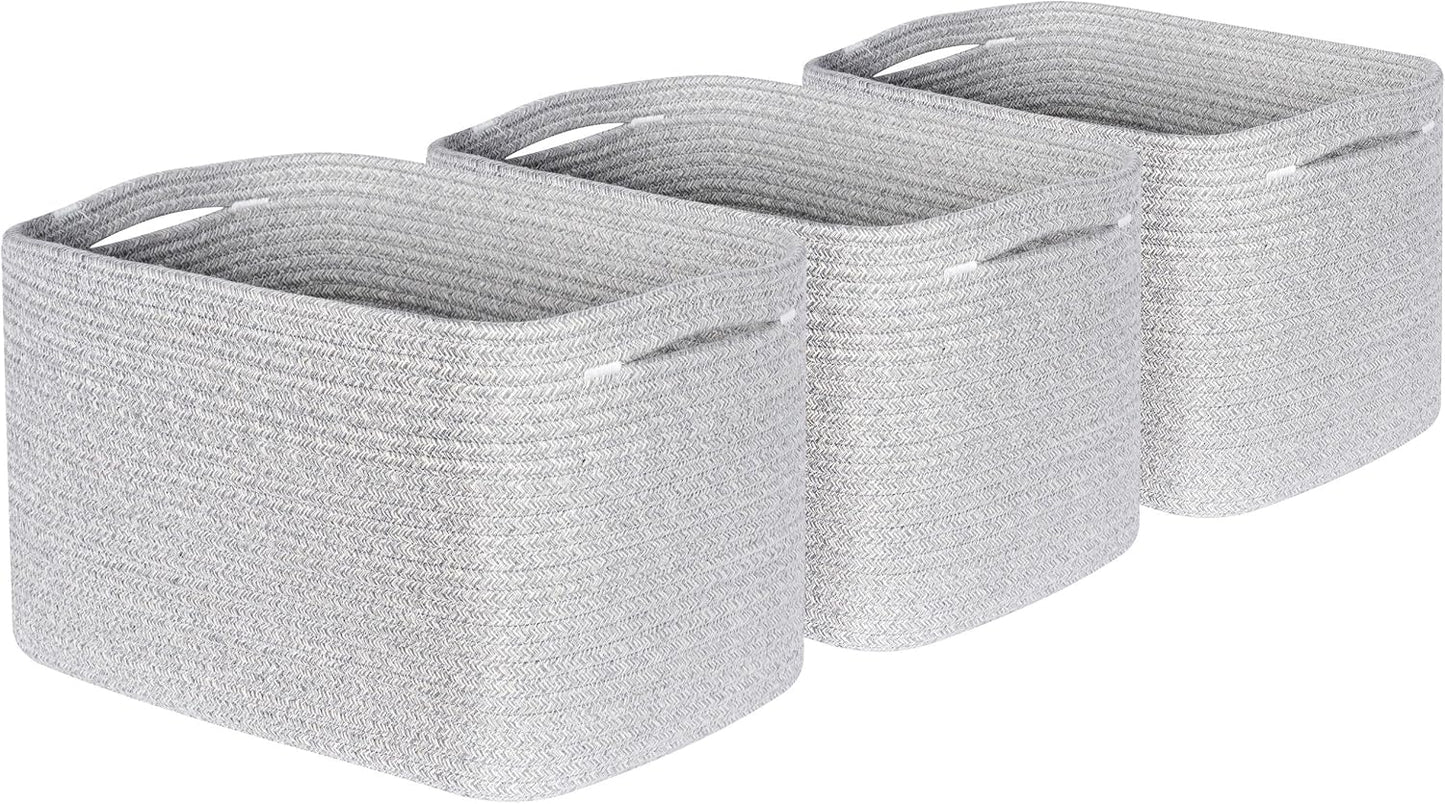 MINTWOOD Design 3-Pack Decorative Woven Storage Baskets for Shelves, Cube Bin Box for Organizing Books, Shoes, Dog Toys, Pantry Closet and Living Room Organizer, Light Gray Mix