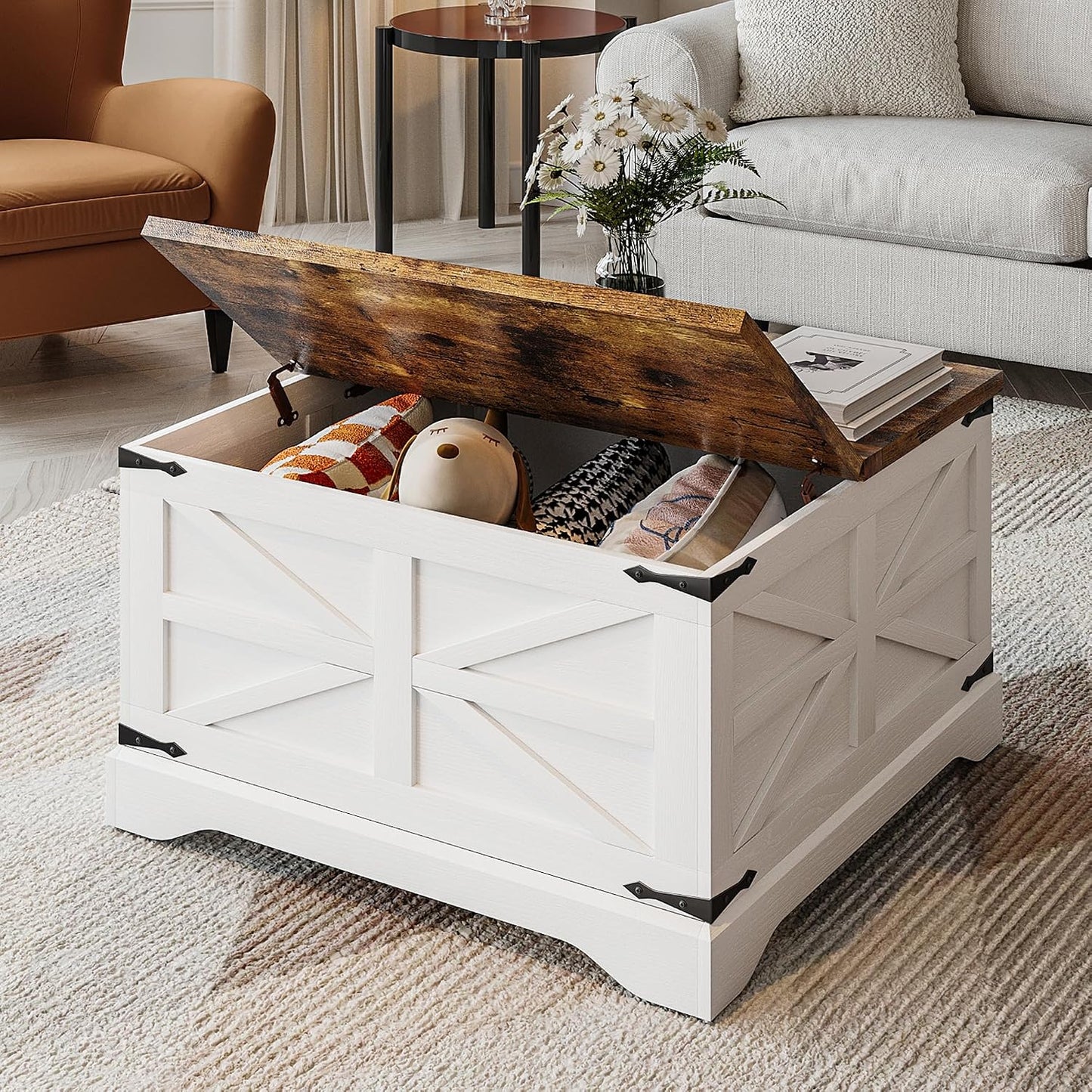MXV Farmhouse Coffee Table with Storage, Square Coffee Tables for Living Room, Rustic Wood Center Table with Hinged Lifting Tabletop for Home, White