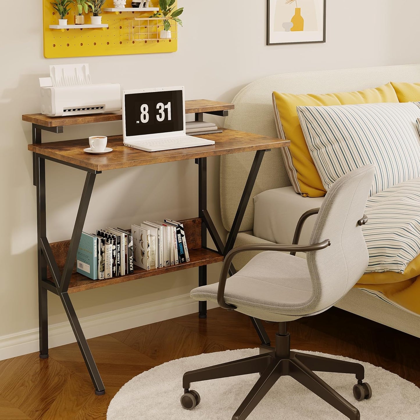 COTUBLR Small Desk, 27.5 Inch Small Computer Desk for Small Spaces, Computer Desk with Adjustable Monitor Stand, Compact Desk with Storage, Tiny Desk Study Desk for Bedroom Home Office, Rustic Brown