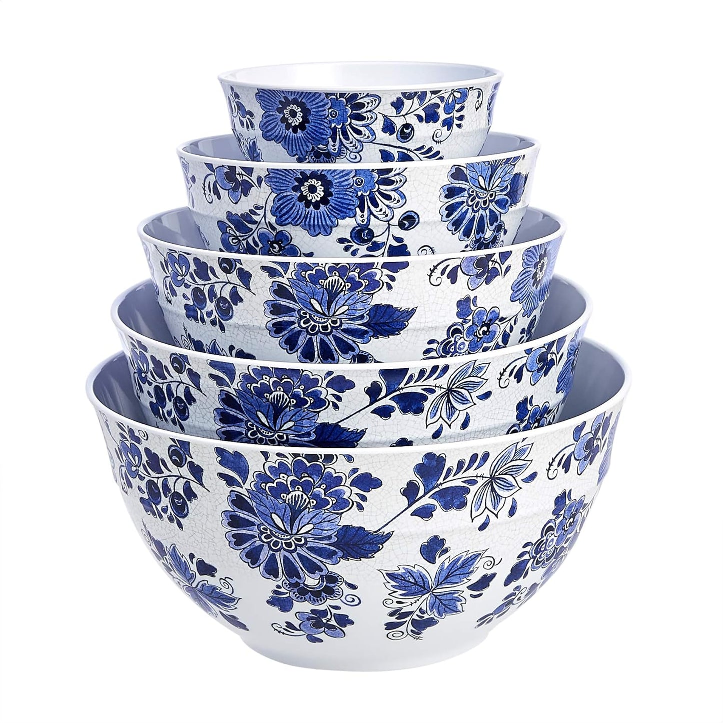 Amazon Basics Mixing Bowls with Lids, Nesting Melamine Serving Bowls, Non-Slip Base, BPA Free, Dishwasher Safe, 5 Sizes, Blue and White Floral, Set of 10