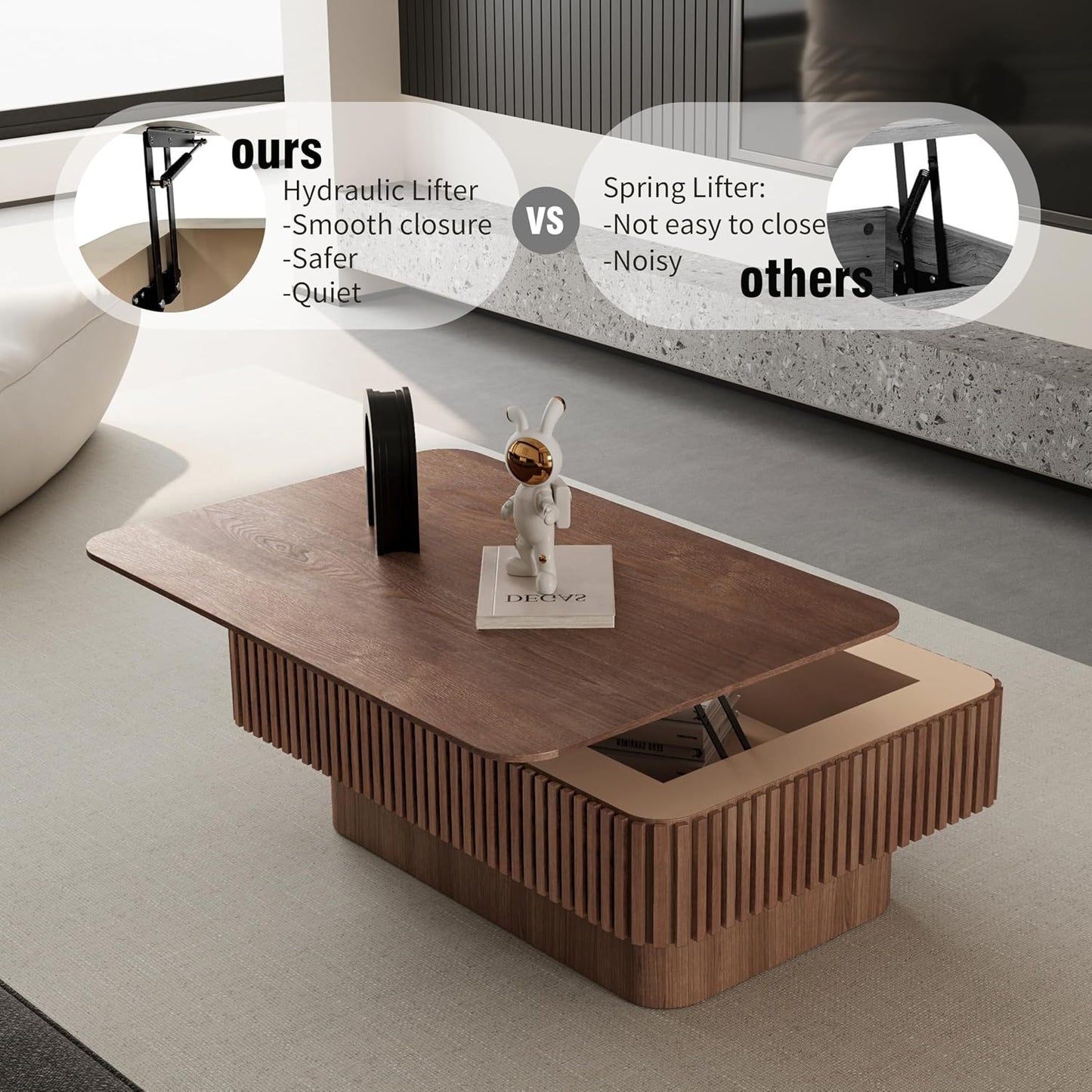 38.6'' Lift Top Coffee Table with Hidden Compartment, Modern Rectangular Fluted Wooden Center Table Cocktail Tea Table with Storage and Adjustable Height for Living Room Apartment, Walnut
