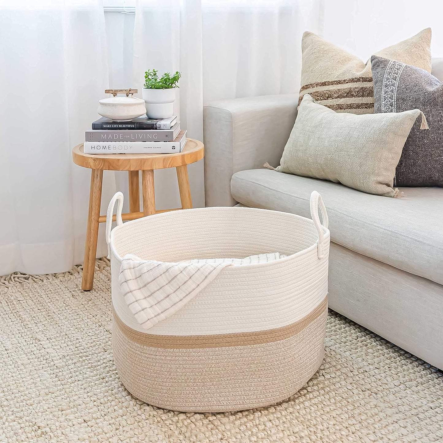 OrganiHaus Round Toy Basket & Blanket Basket, Cotton Rope 20x13" | Striped Honey - Round Cotton Rope Basket, 20x13"