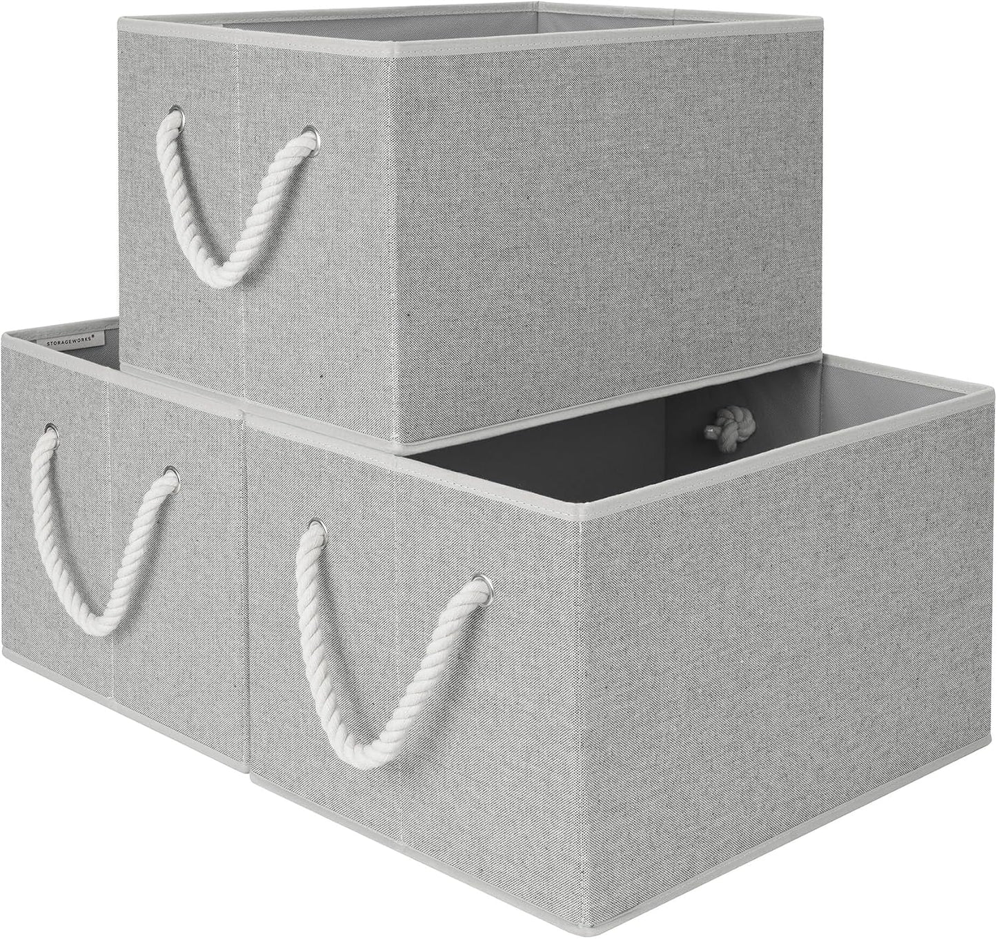 StorageWorks Storage Bins with Rope Handles, Gray, Extra Large, 3-Pack | Fabric Storage Bins for Shelves, Storage Baskets for Closet Organization, Organizer Bins for Clothes Storage