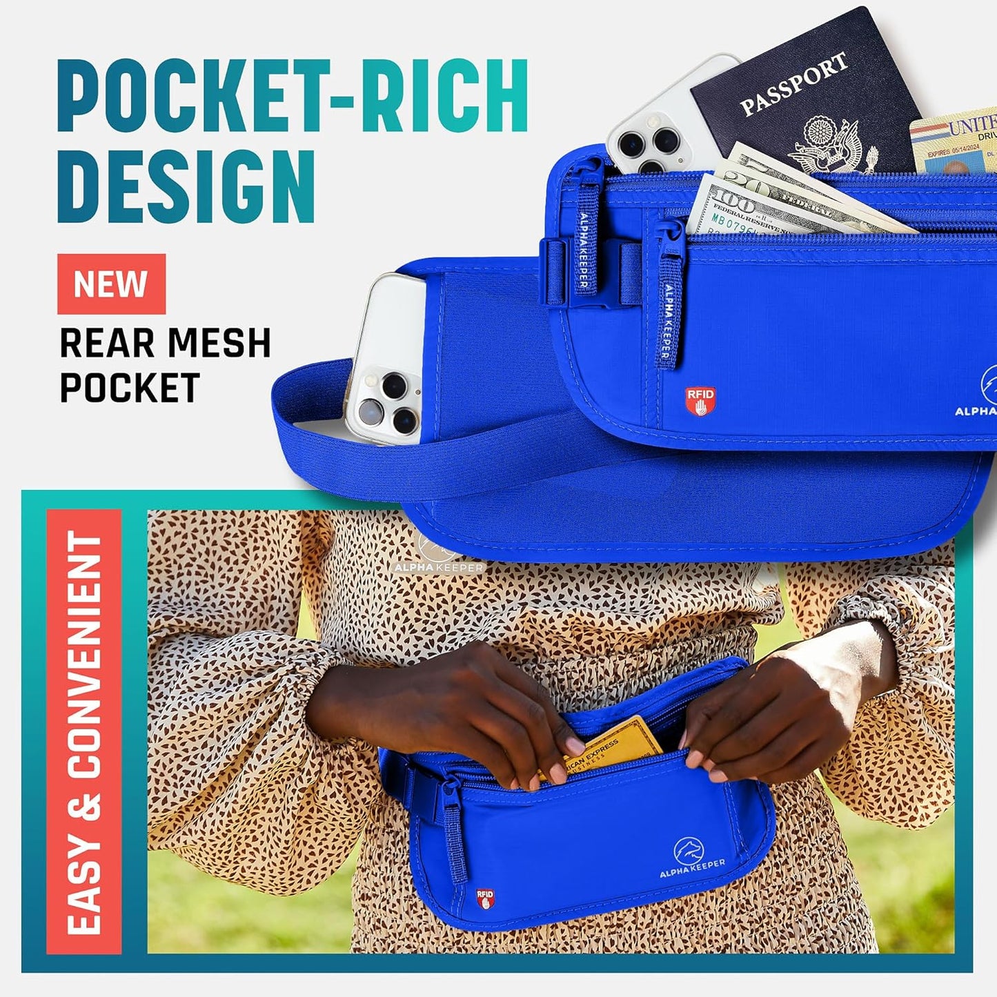 Alpha Keeper Money Belt for Travel Hidden Under Clothes – RFID Blocking Passport Holder & Slim Waist Wallet Pouch for Women & Men, Anti-Theft Travel Accessories