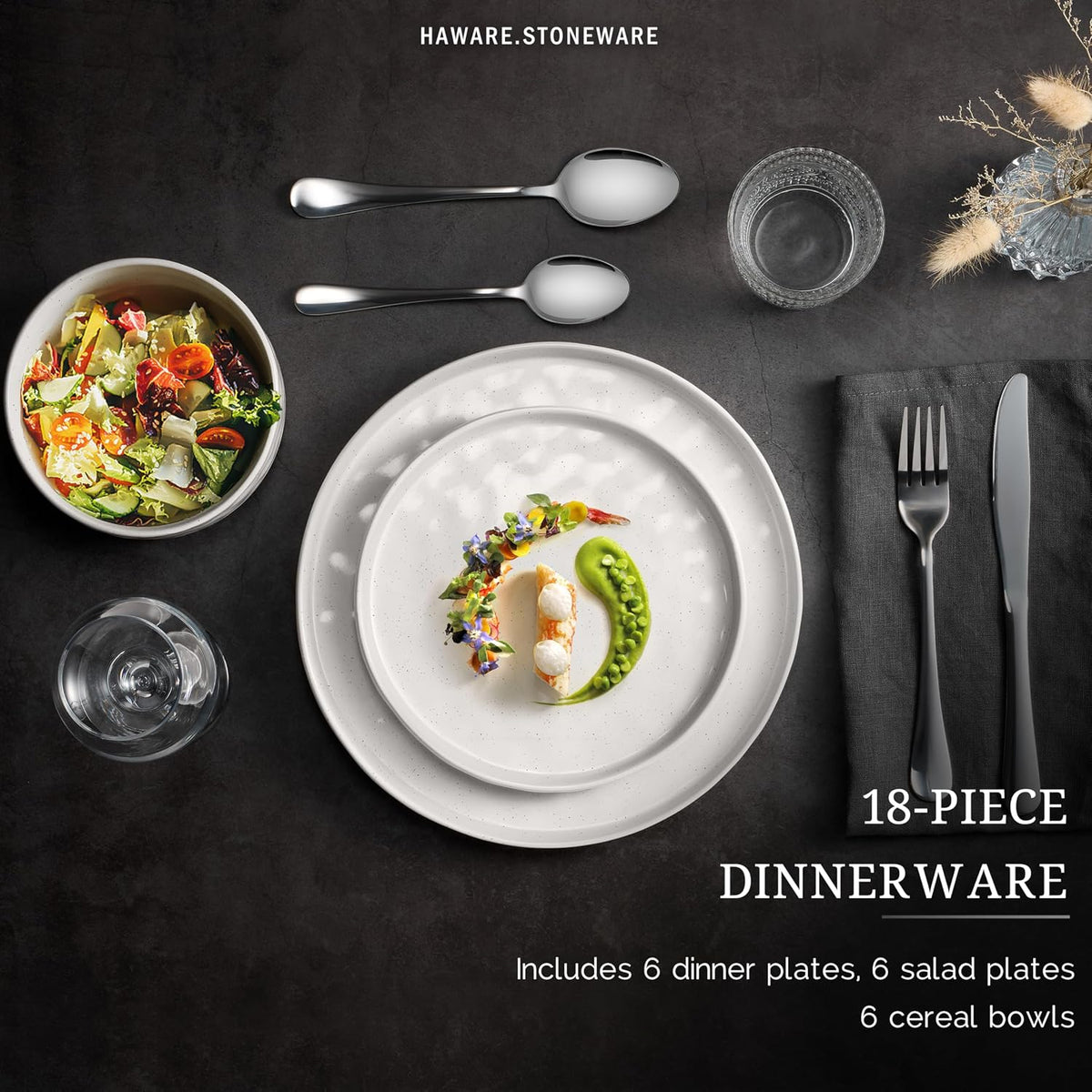 HaWare Dinnerware Sets, 18-Piece Plates and Bowls Set, Speckled White