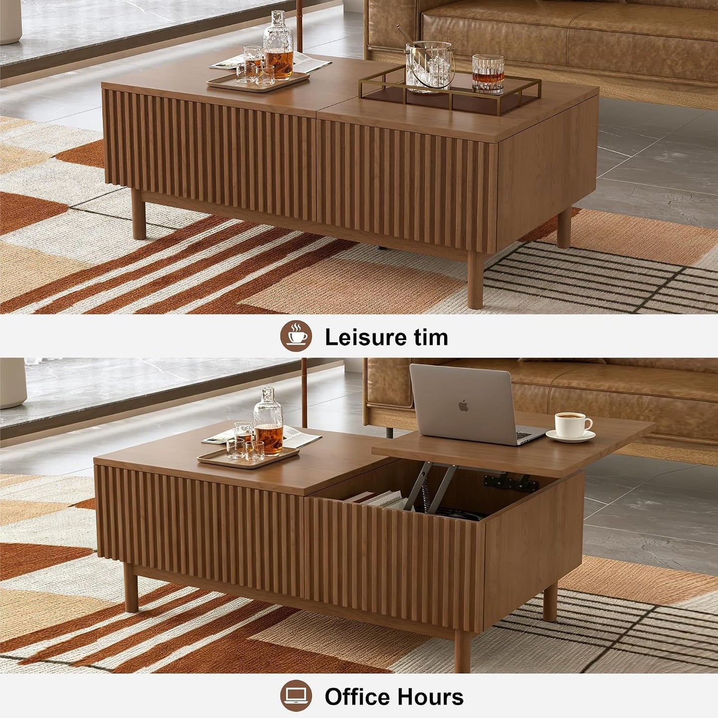 51" Mid-Century Modern Lift Top Coffee Table with Hidden Storage | Walnut Fluted Rectangular Center Table with Drawers & Sturdy Wooden Legs, for Living Room, Apartment, Office