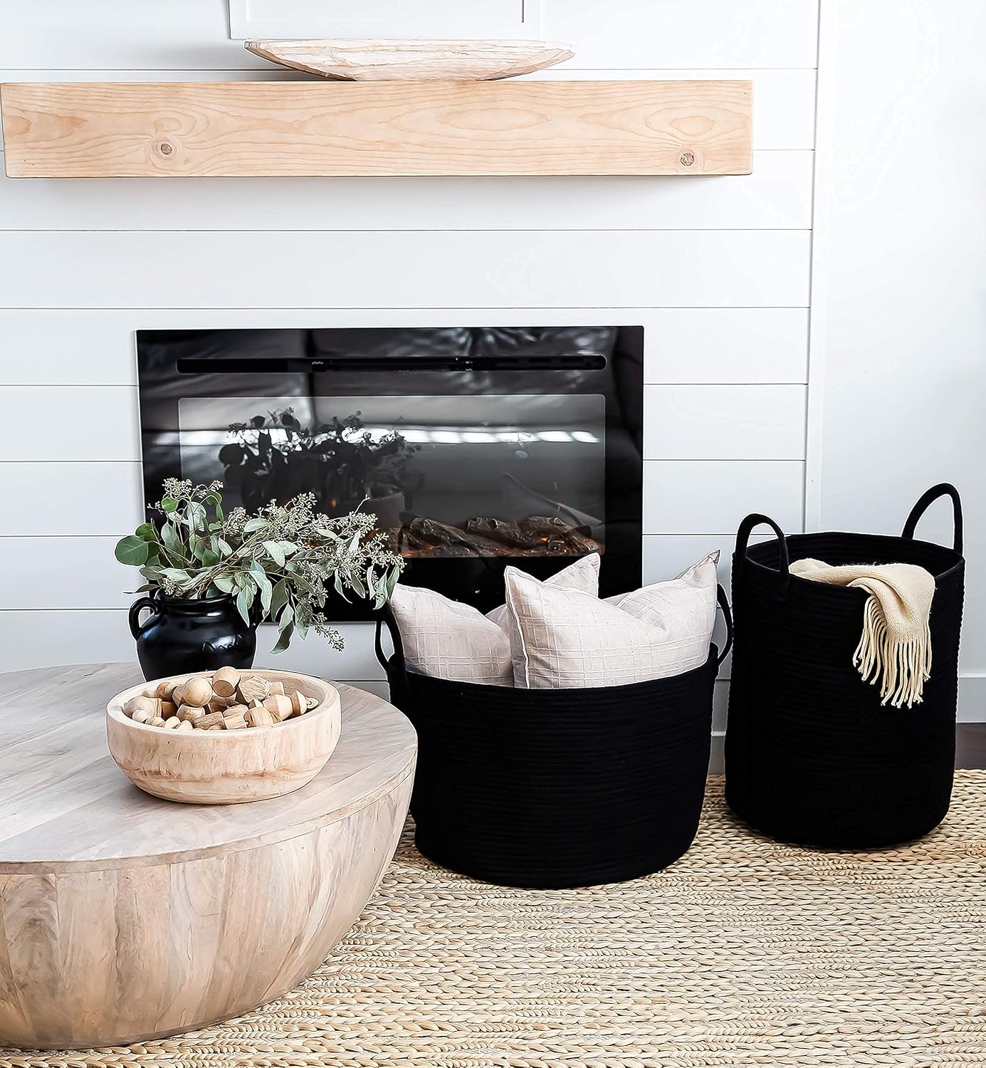 OrganiHaus Round Toy Basket & Blanket Basket, Cotton Rope 20x13" | Full Black - Round Cotton Rope Basket, 20x13"