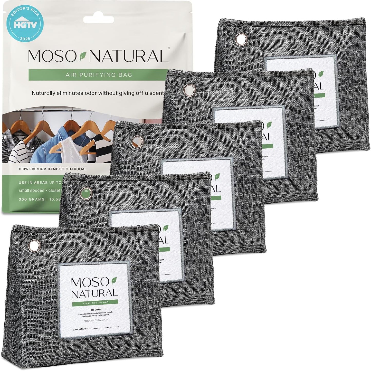 Moso Natural Air Purifying Bag 300g, Premium Charcoal Odor Absorber & Deodorizer for Closets, Bathrooms & Small Spaces — Lasts 2 Years, Pet Odor Eliminator for Home, Unscented Bamboo Charcoal Bag