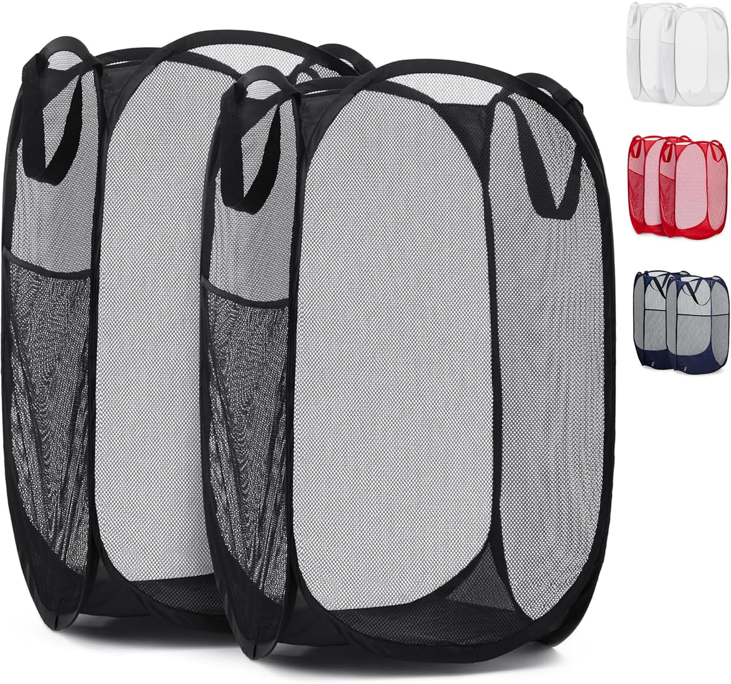 Handy Laundry Collapsible Mesh Pop Up Hamper with Wide Opening and Side Pocket - Breathable, Sturdy, Foldable, and Space-Saving Design for Clothes and Storage (Black | 2-Pack)