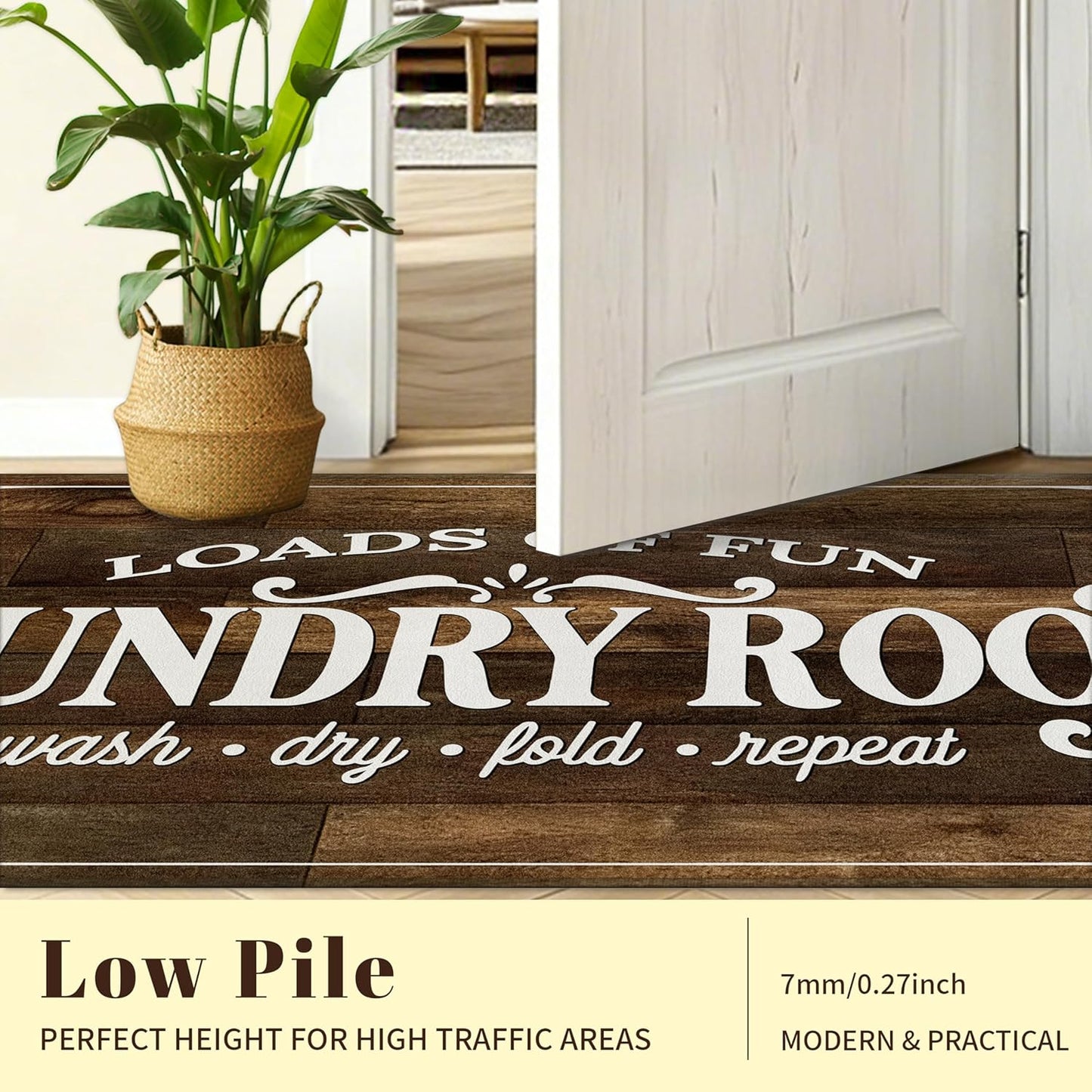 Washable Laundry Room Rug Runner, 20"X47" Non Slip Laundry Mat Soft Low-Pile Farmhouse Decor Area Rug for Entryway Hallway Kitchen Bathroom Brown
