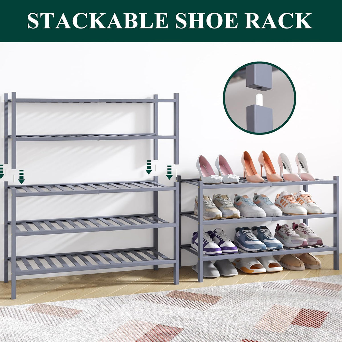 Smiry Bamboo Shoe Rack for Closet, 6 Tier - 26.77" Wide, Grey