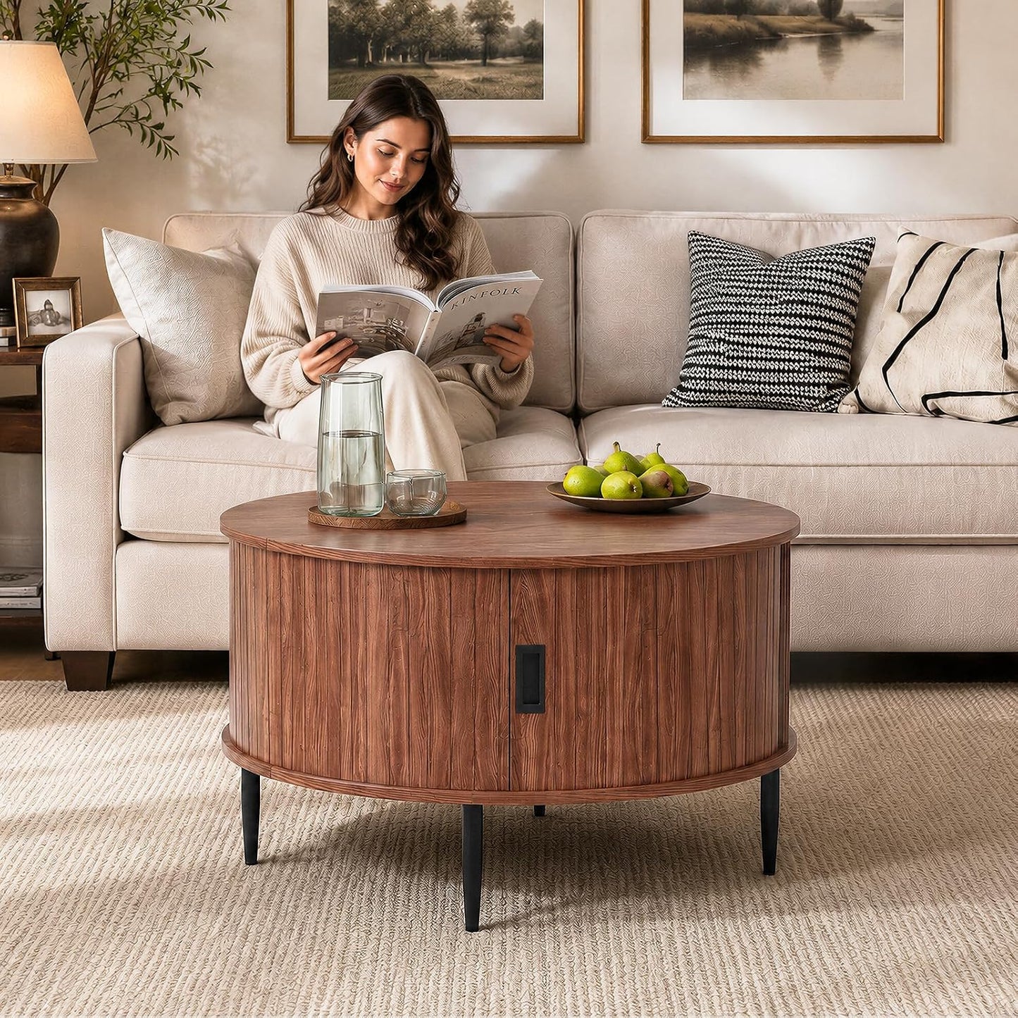 ARTPOWER 31.5" Round Coffee Table with Storage Mid Century Brown Walnut | Easy Assembly,Solid Walnut,Heavy Duty,Flip Top Storage,Fluted Tambour Door,Water&Scratch Resistant Easy Clean,110lbs Capacity