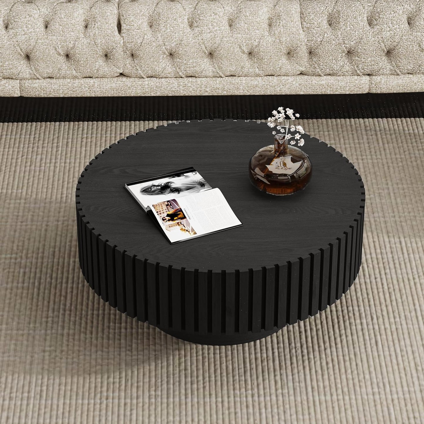 Modern Round Coffee Table for Living Room (Round Black) | Drum Round Fluted Coffee Table, Circular Pedestal Center Table, for Office Patio