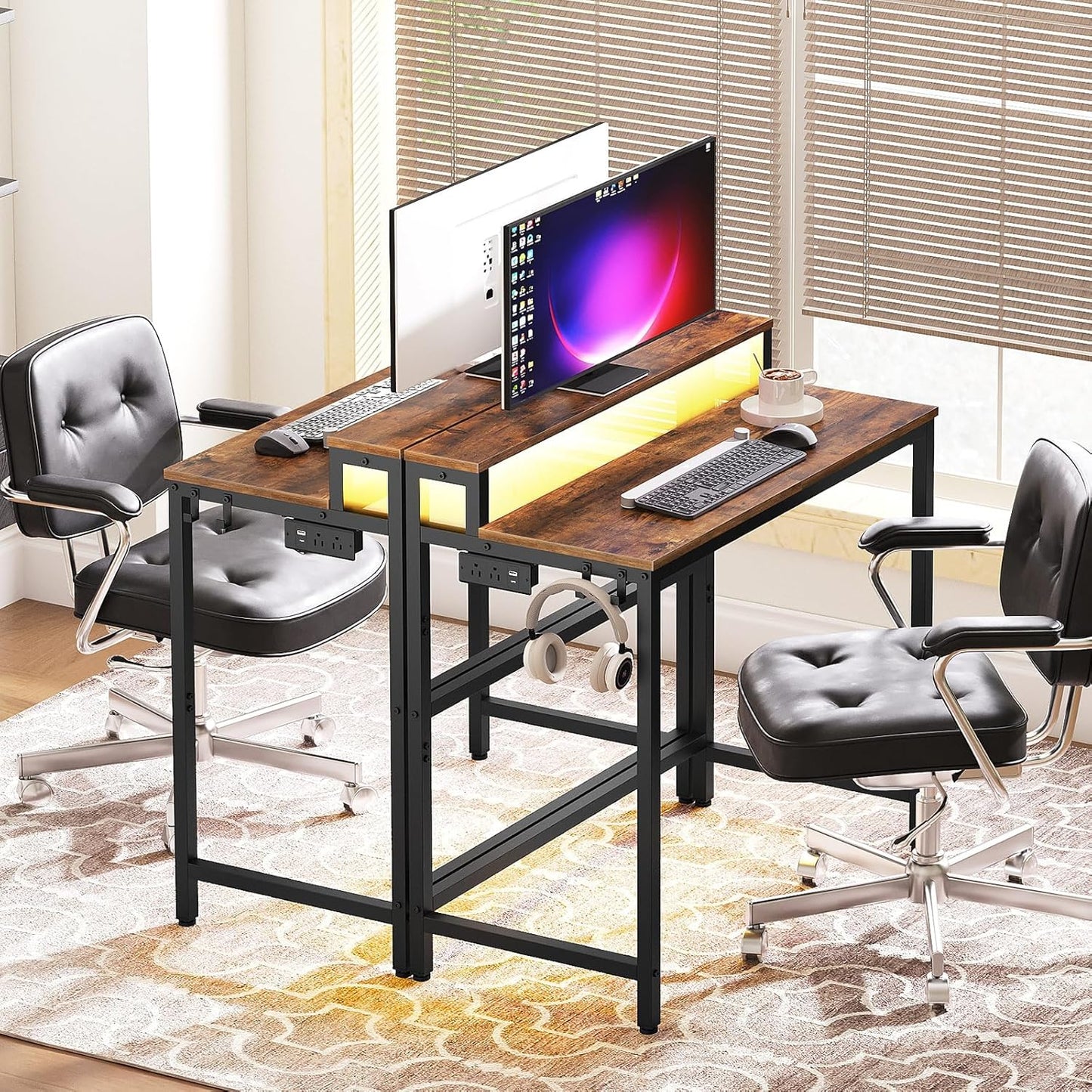YATINEY Small Computer Desk with Charging Station and LED Lights, Gaming Desk with Monitor Stand, 2-Tier Home Office Desk with 4 Side Hooks, for Living Room, Home Office, Rustic Brown DN01UDBRY2
