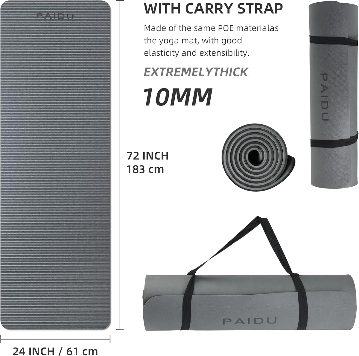 PAIDU POE Yoga Mat （10mm）Extra Thick Fitness Mat 72"x24" with Carry Strap