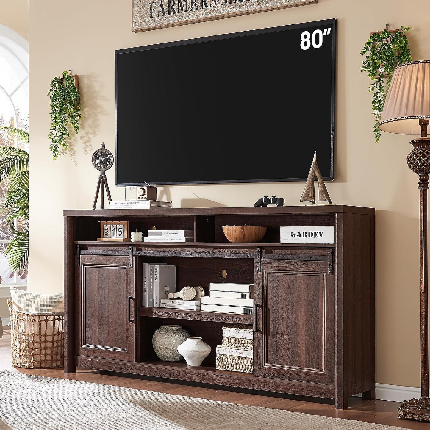 Farmhouse TV Stand for Living Room, Entertainment Center with Storage, Walnut TV Console for Bedroom, Media Storage Cabinet with Sliding Barn Doors & Adjustable Shelves, Fits 80 Inch TV, Rustic Wood