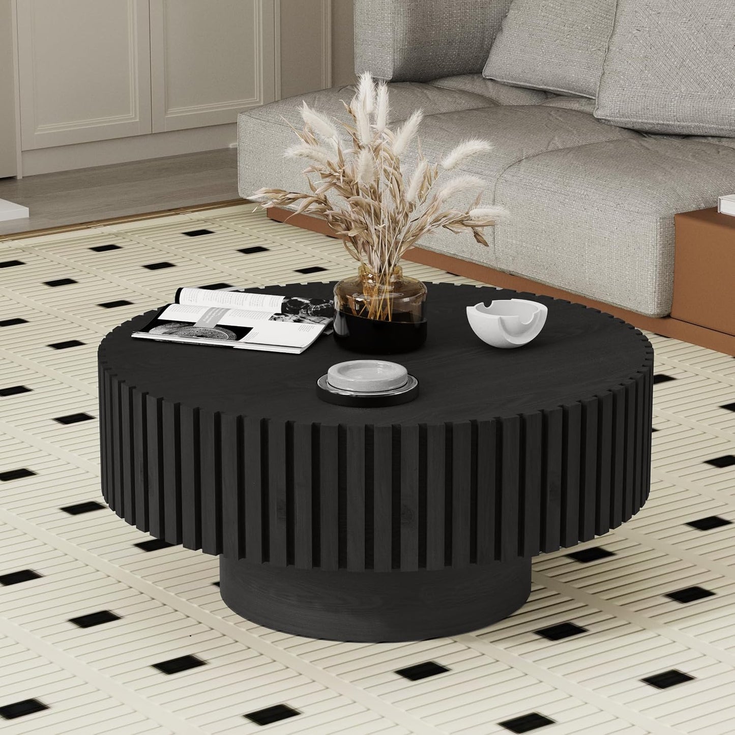 31.5" Round Black Coffee Table for Living Room (Black 31.5") | Mid Century Modern, Drum Fluted Coffee Table with Sturdy Pedestal, Circle Center Table, Accent Tea Table for Apartment
