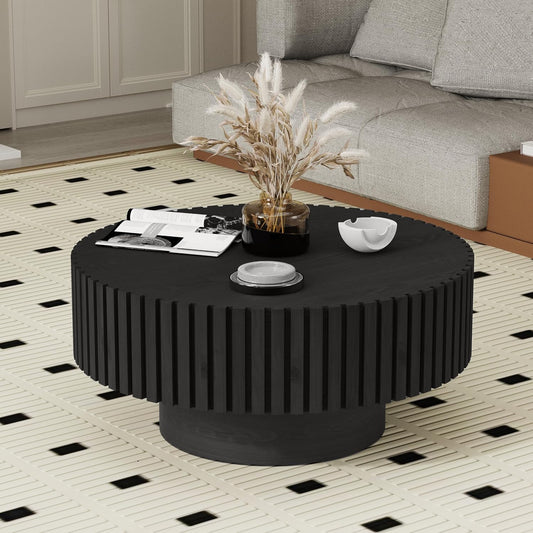 31.5" Round Black Coffee Table for Living Room (Black 31.5") | Mid Century Modern, Drum Fluted Coffee Table with Sturdy Pedestal, Circle Center Table, Accent Tea Table for Apartment