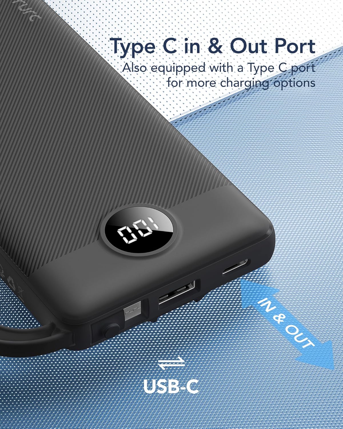 VRURC Portable Charger, Built-in 4 Cables Slim Power Bank 10000mAh, USB C Charging Bank with LED Display, Compact Travel Battery Pack with 5 Outputs for Multi Devices, Android-Black(1 Pack)