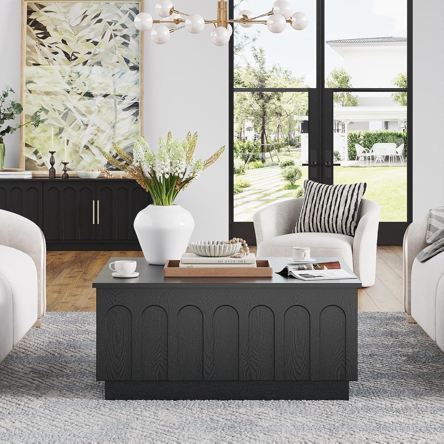 FORTUNETEC 31.5" Lift Top Coffee Table with Storage, Arched Design, Black | Modern Coffee Table, Square Tea Table, Minimalist Multifunctional Center Table, Wood Grain Texture, Living Room, Office