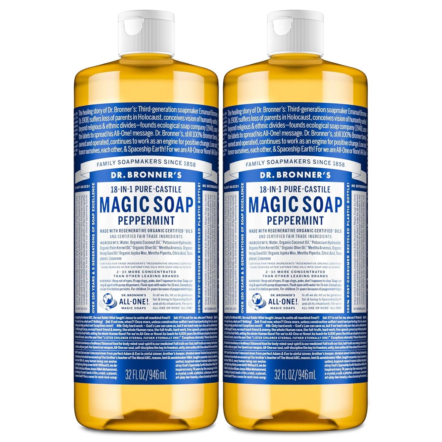 Dr. Bronner's Pure-Castile Magic Liquid Soap- Made with Regenerative Organic Oils- For Body, Face, Hair, Dishes, Pets, Laundry Natural, Vegan, Non-GMO - Peppermint, 32 oz (2-Pack)