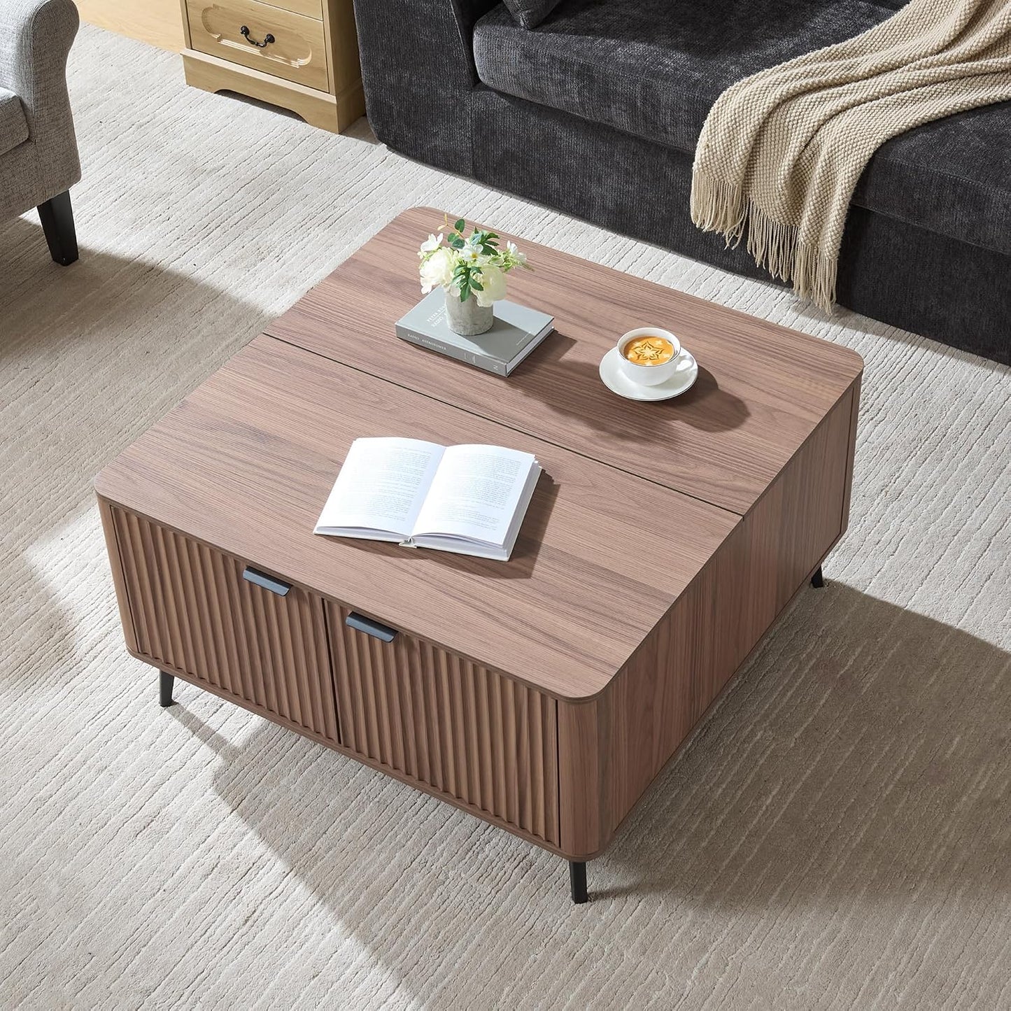 Fatmok Large Lift Top Coffee Table with Hidden Compartment, 35.4" Wide Oversized Square Coffee Table with Storage, Mid Century Modern Fluted Center Table for Home Living Room, Brown