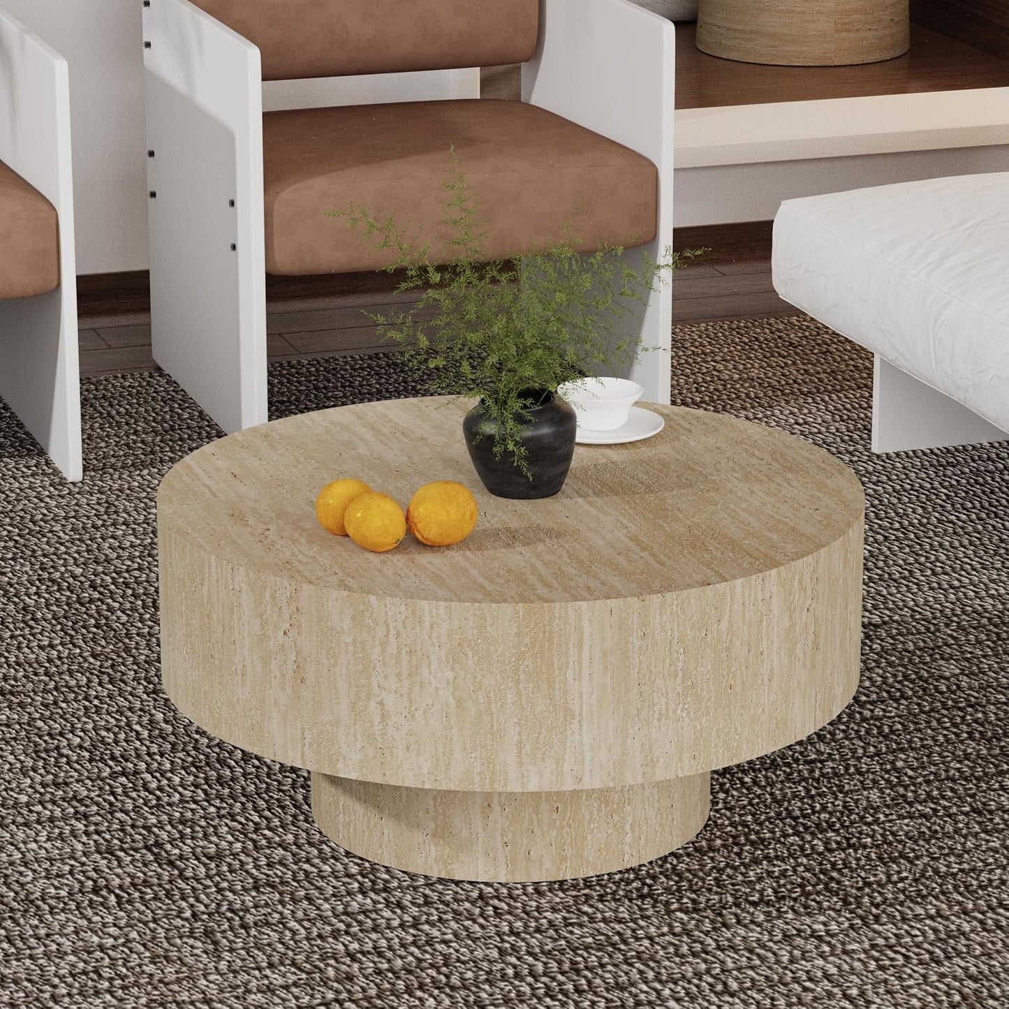 Round Fluted Coffee Table (Circle Travertine 29.9in) | Round Drum Coffee Table for Living Room Modern Circular Pedestal Center Table