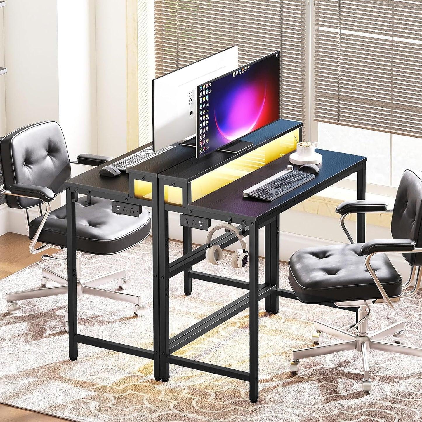 YATINEY Small Computer Desk with Charging Station and LED Lights, Gaming Desk with Monitor Stand, 2-Tier Home Office Desk with 4 Side Hooks, for Living Room, Home Office, Black DN01UDBBY2