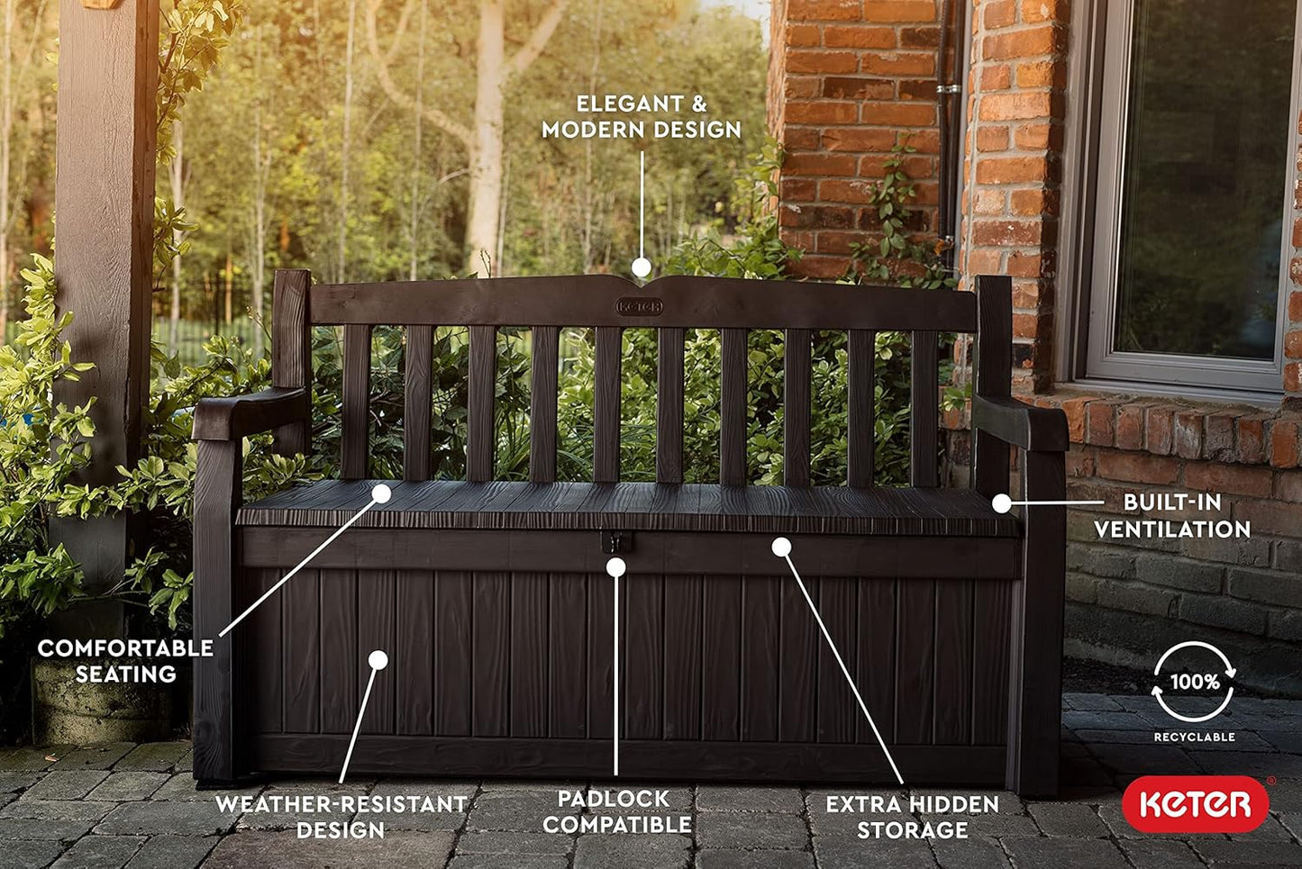 Keter Solana 70 Gallon Storage Bench Deck Box for Patio Furniture, Front Porch Decor and Outdoor Seating – Perfect to Store Garden Tools and Pool Toys, Brown/Brown
