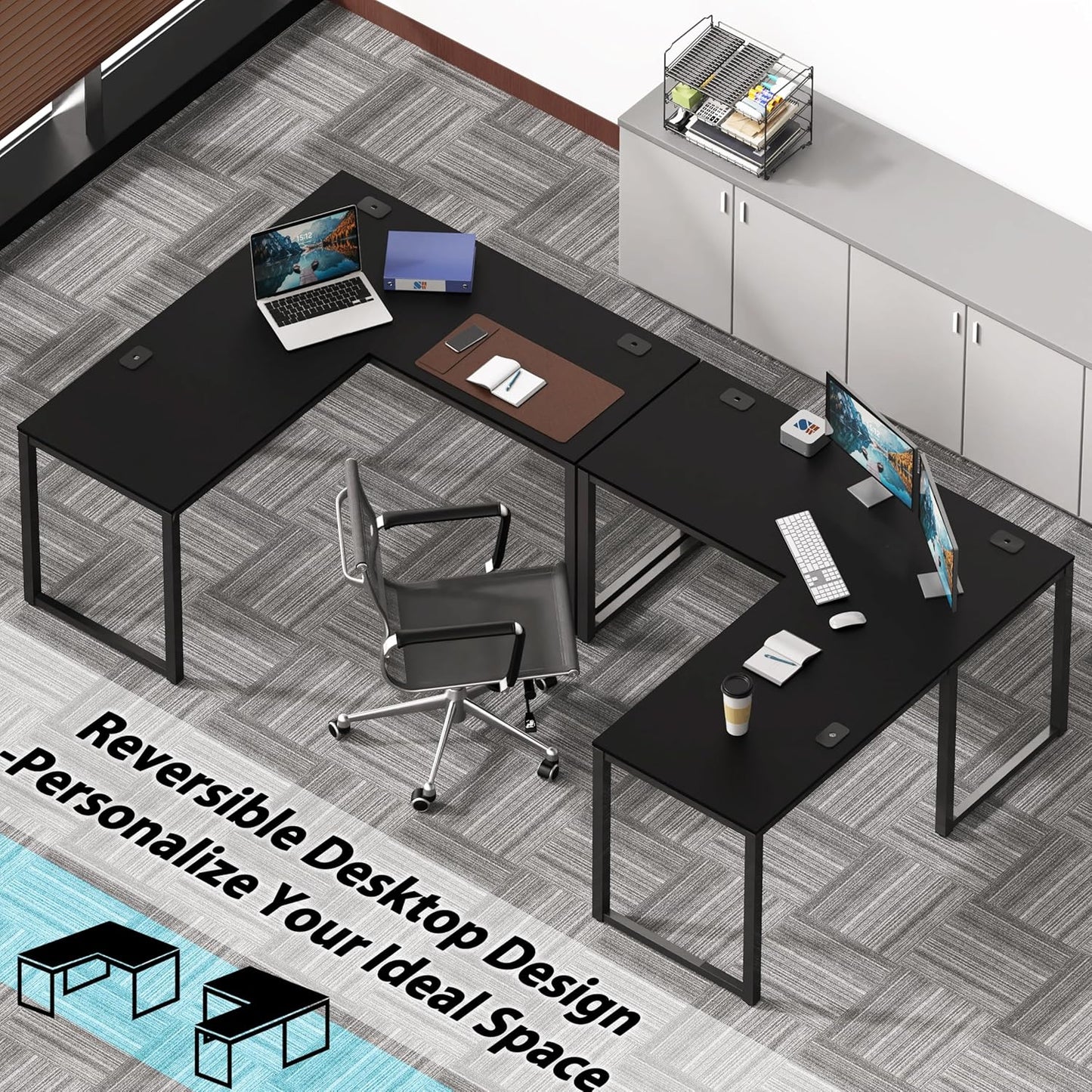 SHW 55 x 60 Inches Commercial-Grade L-Shape Corner Office Computer Desk, Black