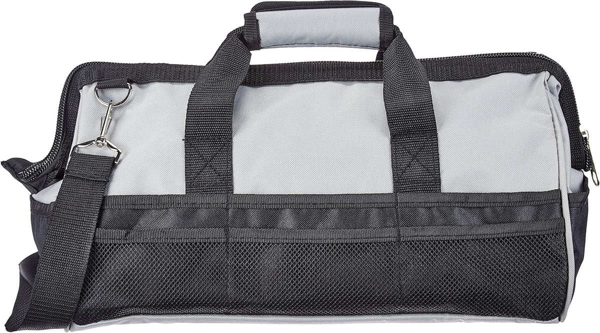 Amazon Basics Durable Wear-Resistant Tool Storage Bag with Adjustable Shoulder Strap, Portable Tool Organizer, 16 in, Black & Grey