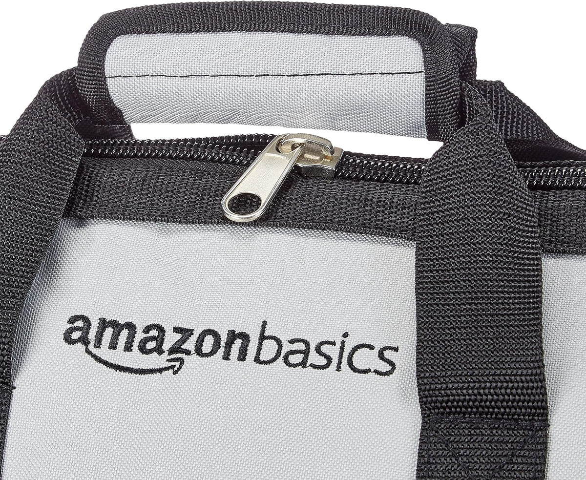 Amazon Basics Durable Wear-Resistant Tool Storage Bag with Adjustable Shoulder Strap, Portable Tool Organizer, 16 in, Black & Grey