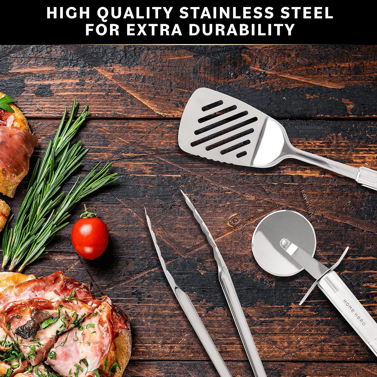 Home Hero 54-Piece Stainless Steel Kitchen Utensils Set - Heat-Resistant Nonstick Silicone & Stainless Steel Cooking Utensils - Complete Tools with Slotted Spoon & Pasta Spoon - Pack of 54, Silver